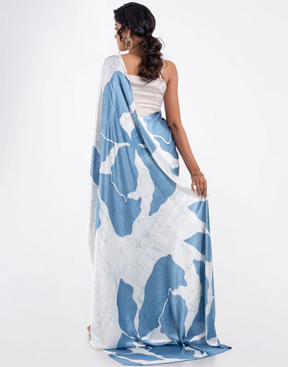 Sky Blue & Ivory Floral Satin Designer Saree – Elegant Party & Festive Wear Saree for Women