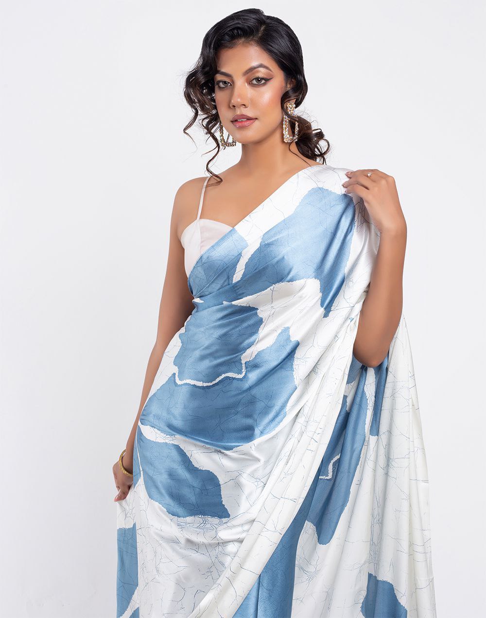 Sky Blue & Ivory Floral Satin Designer Saree – Elegant Party & Festive Wear Saree for Women