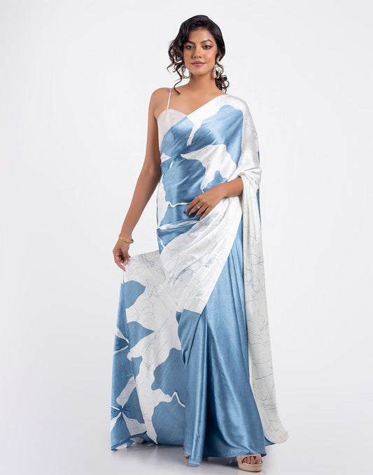 Sky Blue & Ivory Floral Satin Designer Saree – Elegant Party & Festive Wear Saree for Women