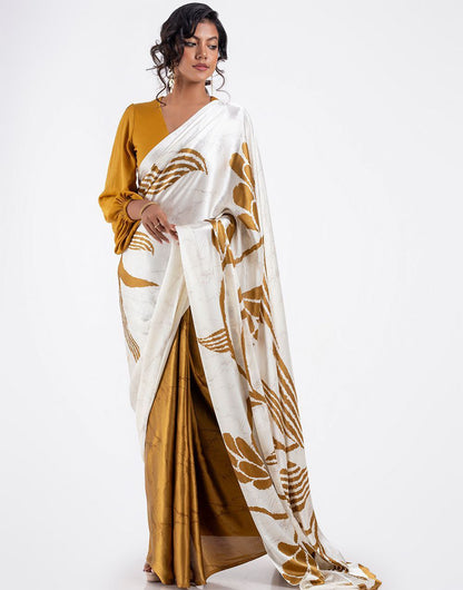 Ivory & Mustard Gold Floral Satin Designer Saree – Elegant Party & Festive Wear Saree for Women