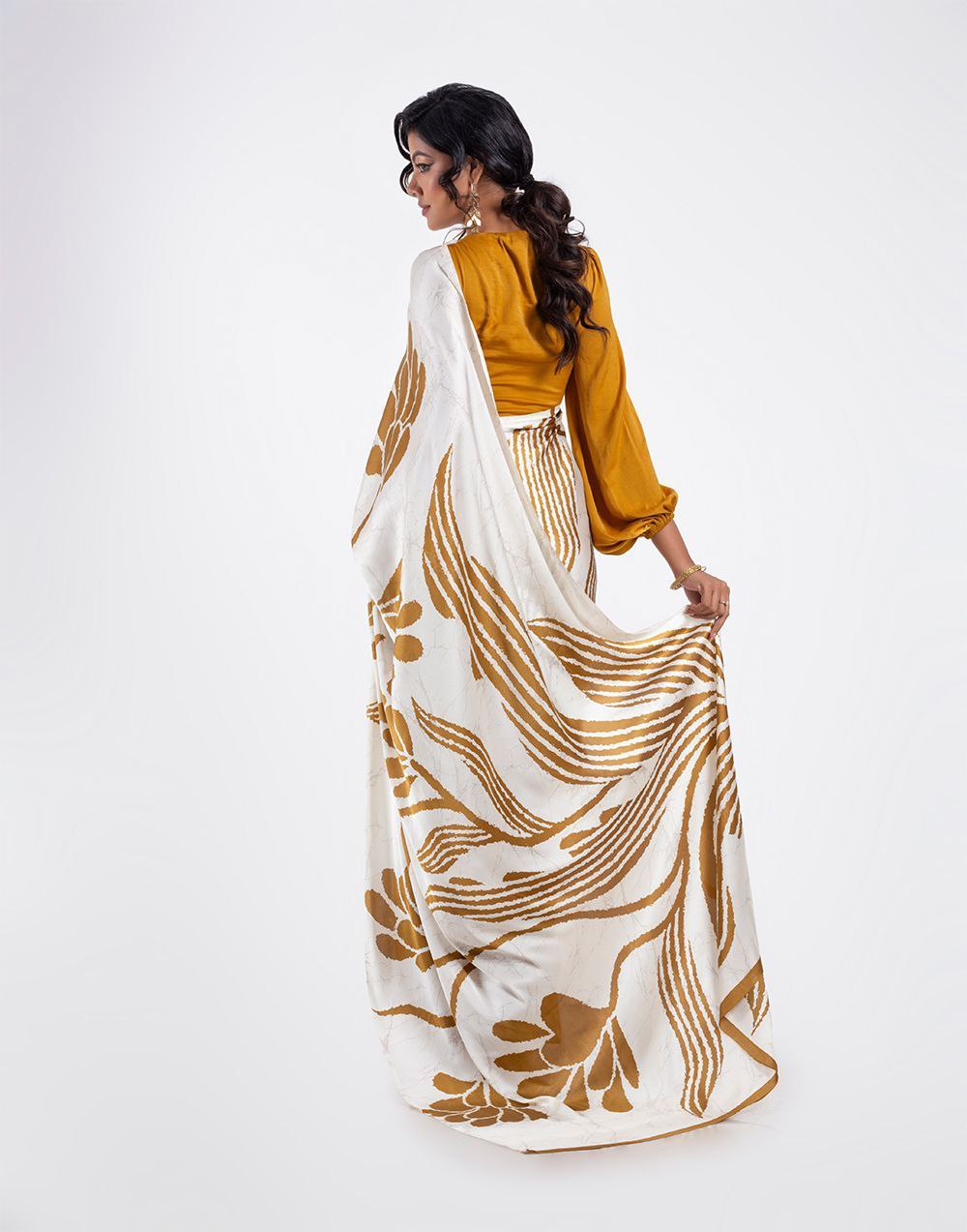 Ivory & Mustard Gold Floral Satin Designer Saree – Elegant Party & Festive Wear Saree for Women