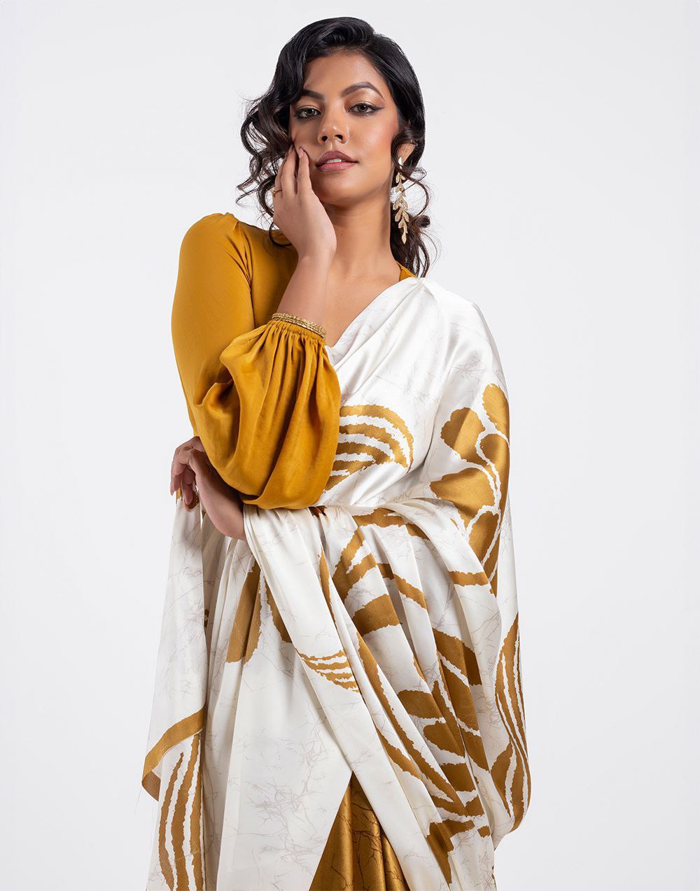 Ivory & Mustard Gold Floral Satin Designer Saree – Elegant Party & Festive Wear Saree for Women