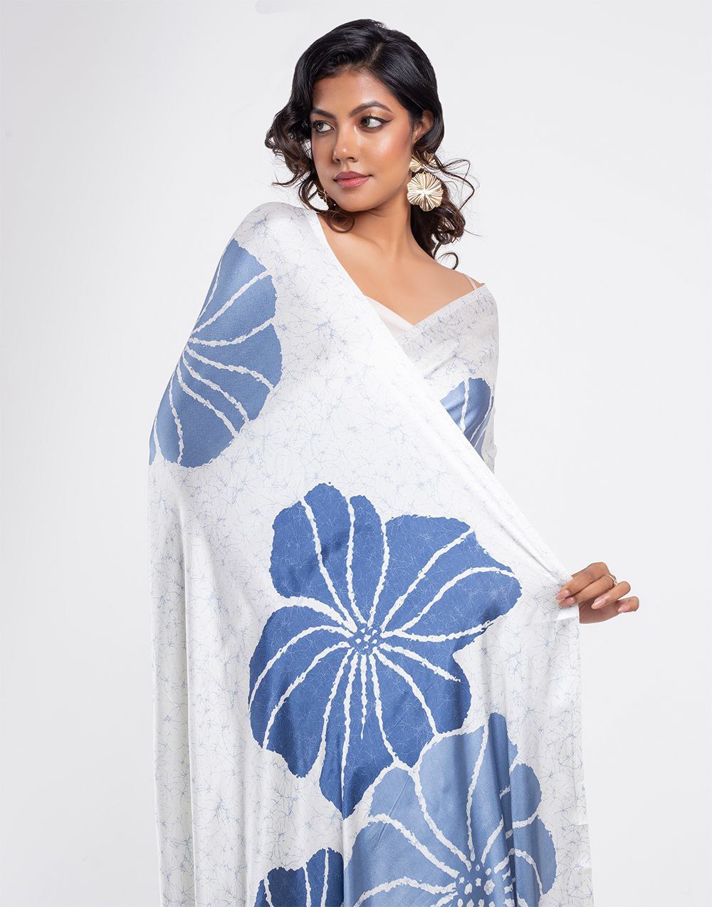 Ivory & Steel Blue Floral Satin Designer Saree – Elegant Party & Festive Wear Saree for Women