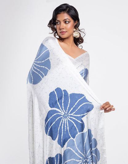 Ivory & Steel Blue Floral Satin Designer Saree – Elegant Party & Festive Wear Saree for Women