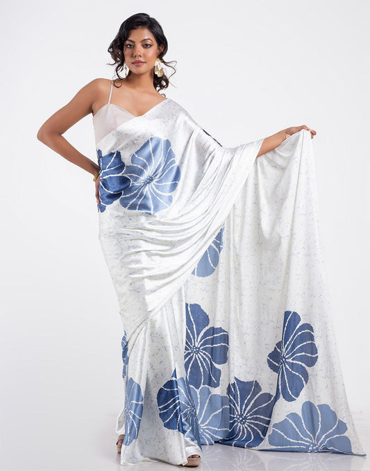Ivory & Steel Blue Floral Satin Designer Saree – Elegant Party & Festive Wear Saree for Women