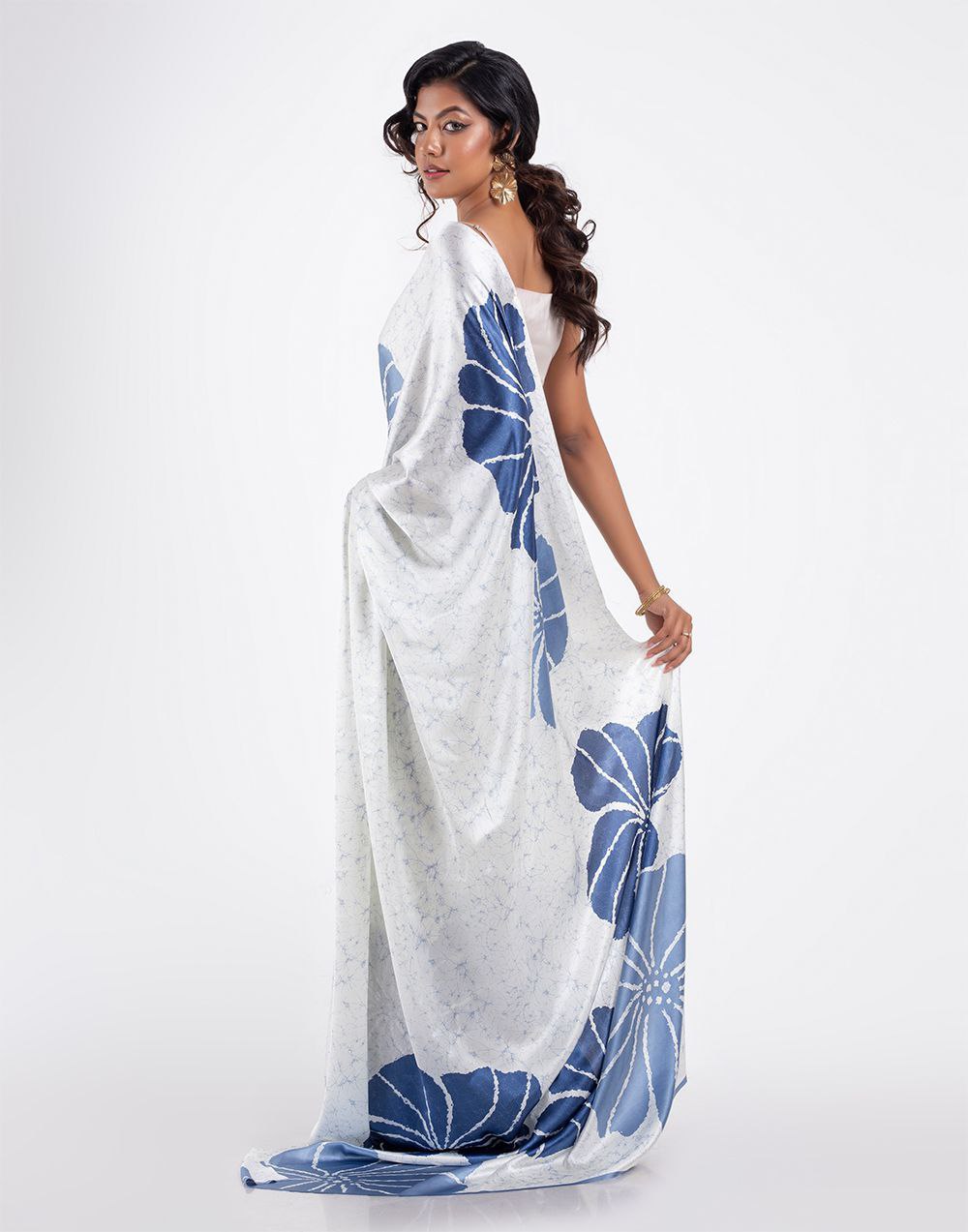 Ivory & Steel Blue Floral Satin Designer Saree – Elegant Party & Festive Wear Saree for Women