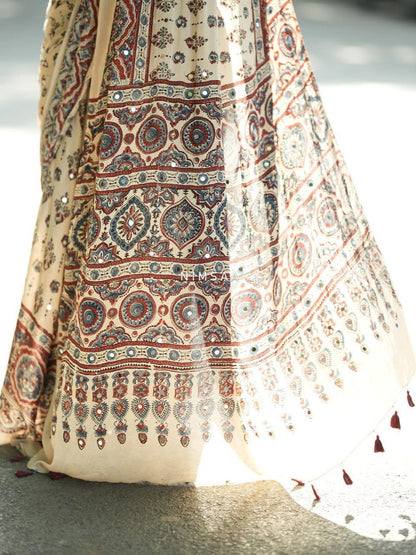 Cream Gajji Silk Premium Printed Designer Saree for Women
