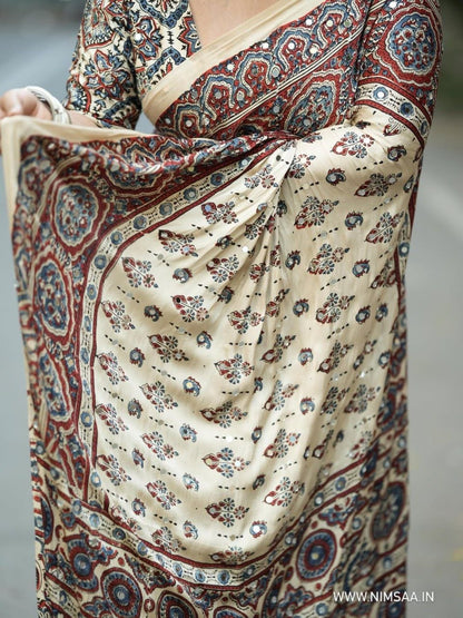 Cream Gajji Silk Premium Printed Designer Saree for Women