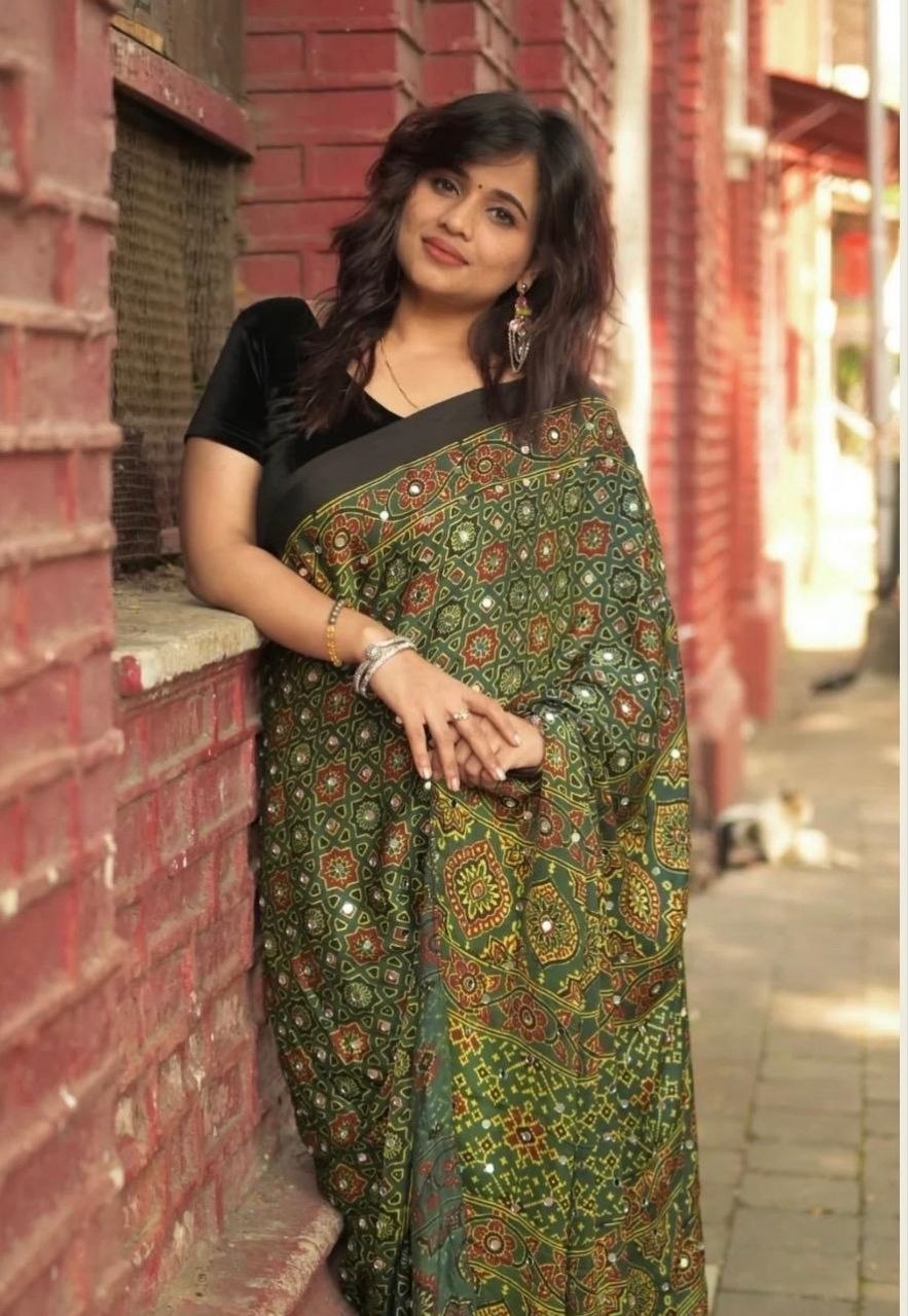 Emerald Green Ajrakh Gajji Silk Saree with Mirror Work