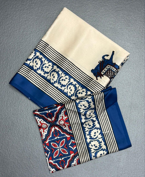 Cream Blue Animal Printed Ajrakh Modal Silk Saree with Traditional Border