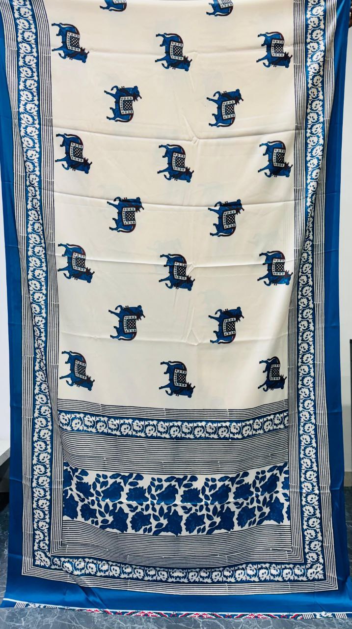 Cream Blue Animal Printed Ajrakh Modal Silk Saree with Traditional Border
