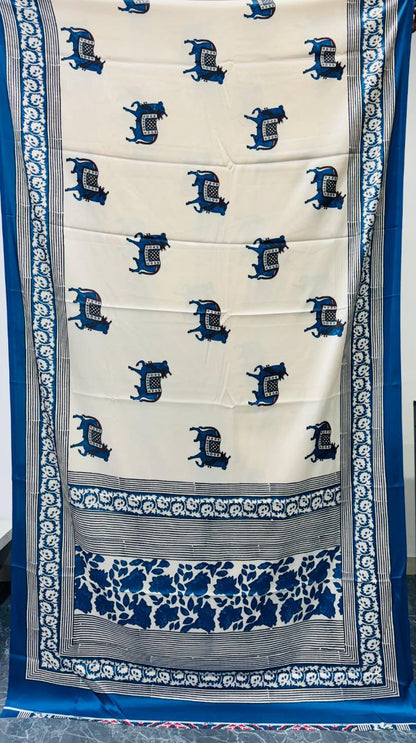 Cream Blue Animal Printed Ajrakh Modal Silk Saree with Traditional Border