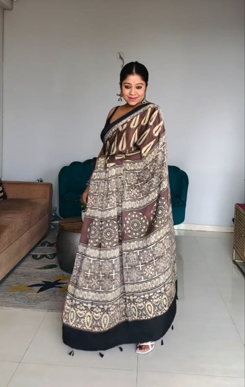 Brown Printed Soft Cotton Saree with Traditional Motifs
