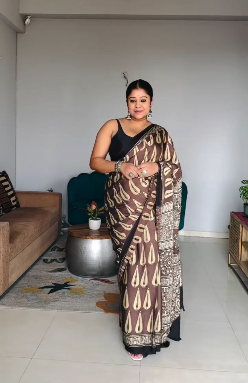 Brown Printed Soft Cotton Saree with Traditional Motifs