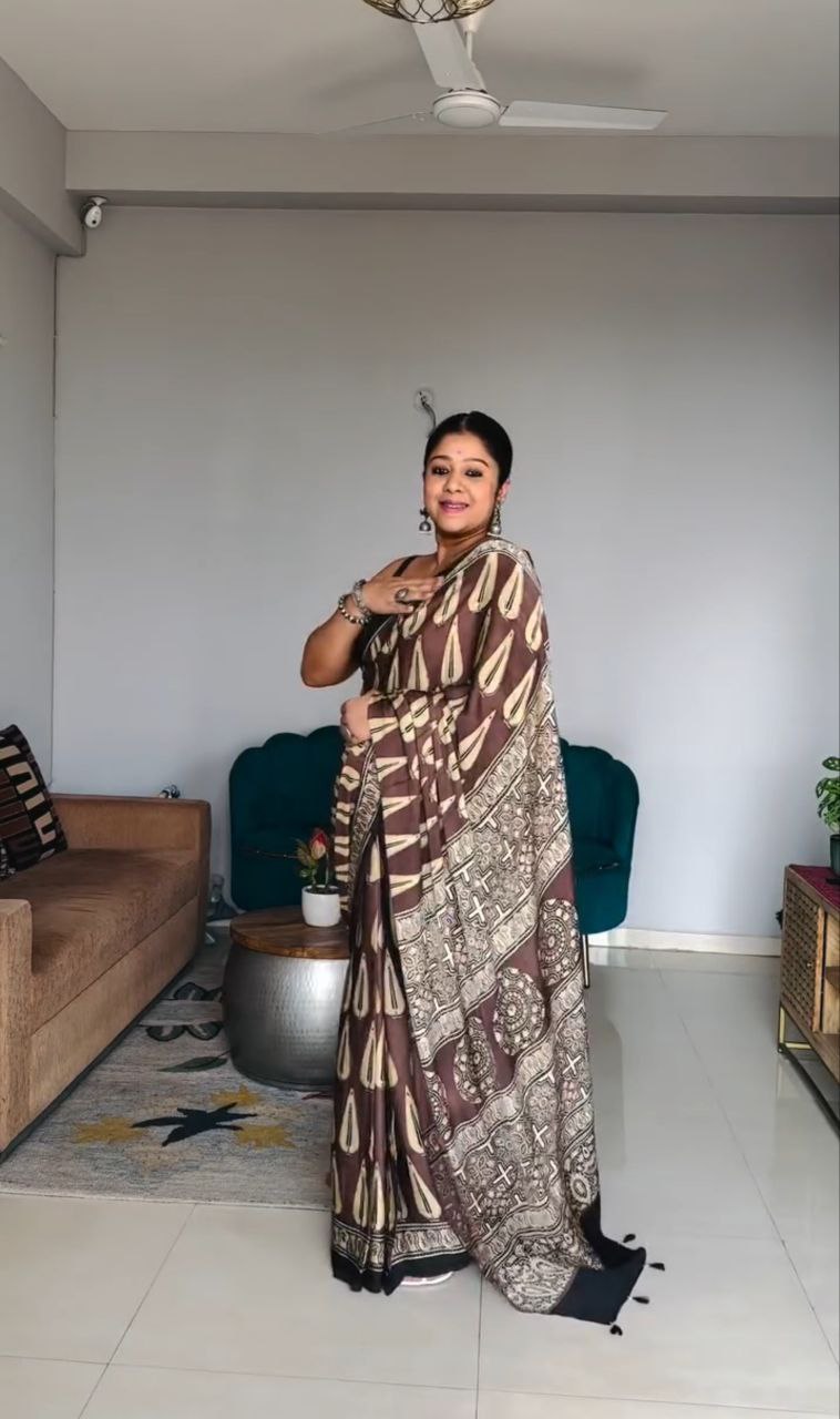 Brown Printed Soft Cotton Saree with Traditional Motifs