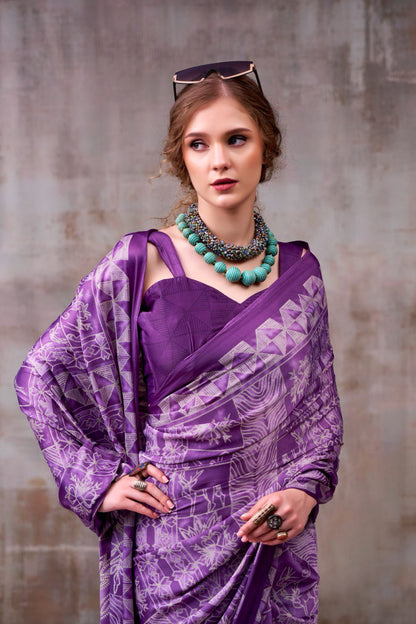Purple Geometric Printed Designer Satin Saree – Elegant Contemporary Party Wear Saree for Women