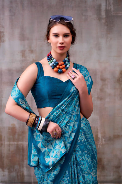 Teal Blue Traditional Printed Satin Saree – Elegant Festive & Party Wear Designer Saree for Women