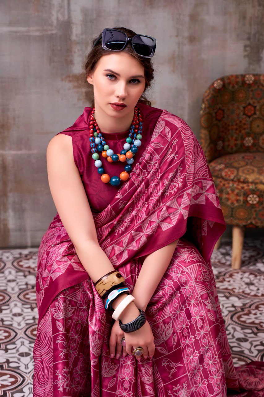 Wine Pink Traditional Printed Satin Saree – Elegant Festive & Party Wear Designer Saree for Women