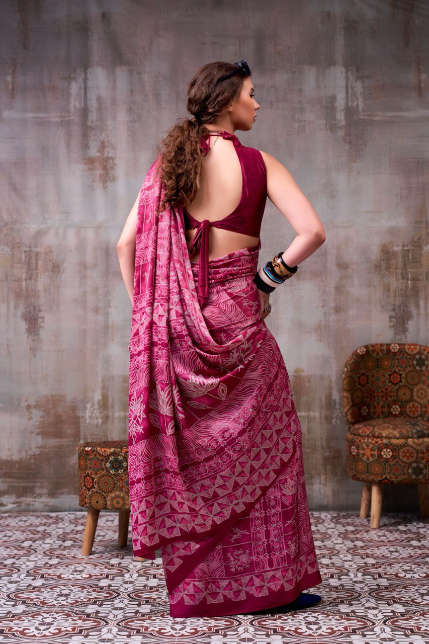 Wine Pink Traditional Printed Satin Saree – Elegant Festive & Party Wear Designer Saree for Women