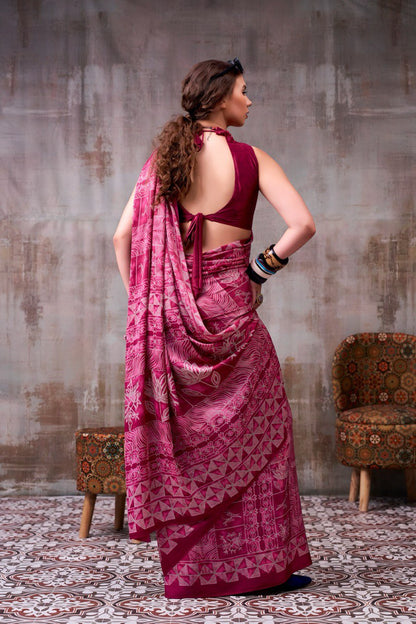 Wine Pink Traditional Printed Satin Saree – Elegant Festive & Party Wear Designer Saree for Women