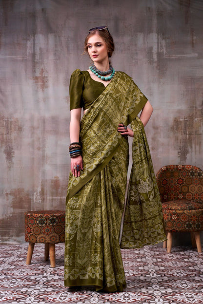 Olive Green Traditional Printed Satin Saree – Elegant Festive & Party Wear Designer Saree for Women