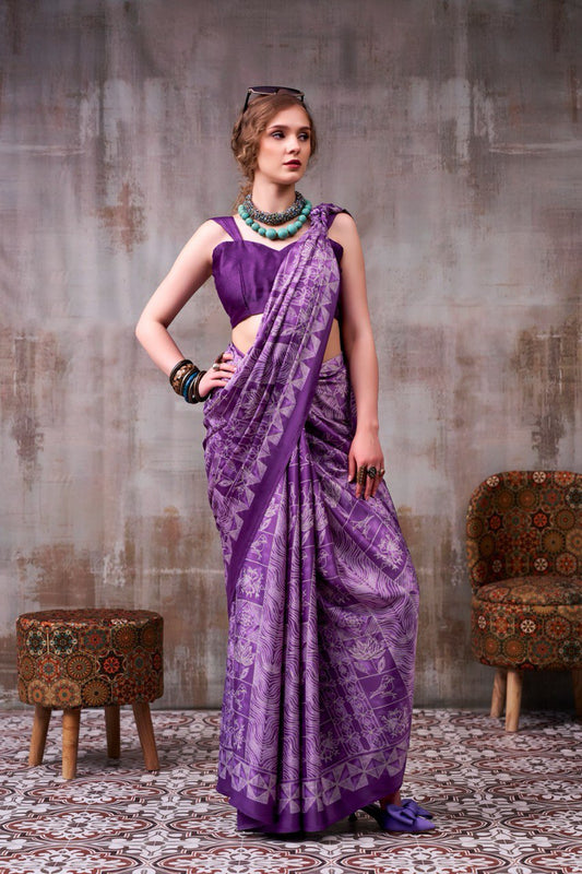 Purple Geometric Printed Designer Satin Saree – Elegant Contemporary Party Wear Saree for Women