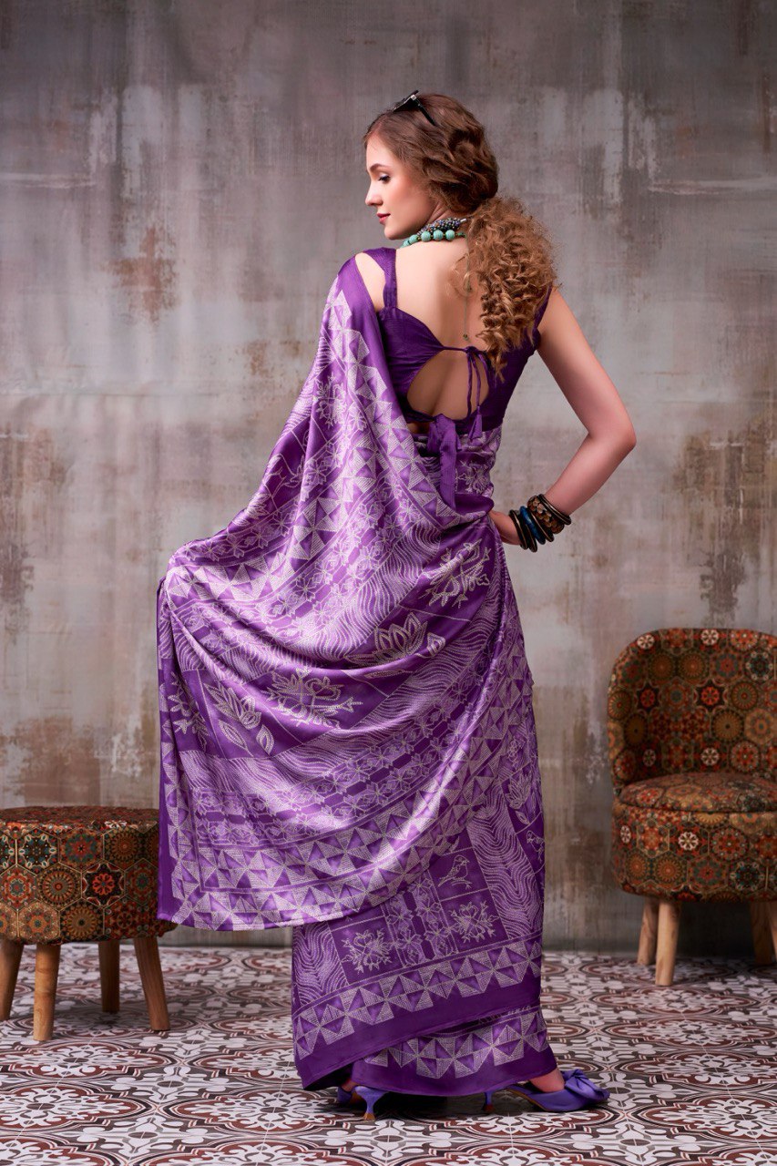 Purple Geometric Printed Designer Satin Saree – Elegant Contemporary Party Wear Saree for Women