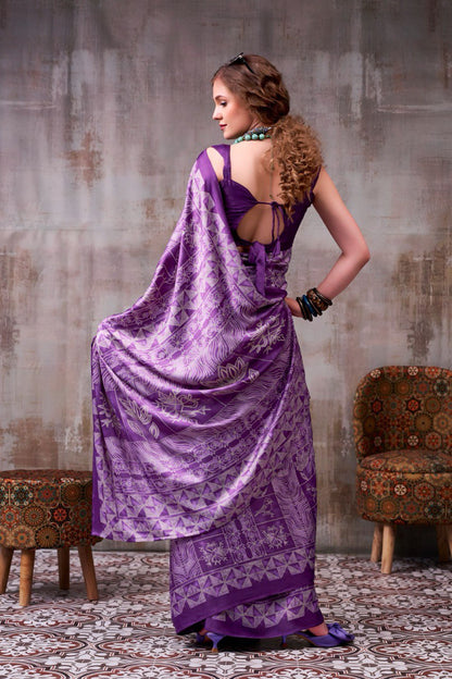 Purple Geometric Printed Designer Satin Saree – Elegant Contemporary Party Wear Saree for Women