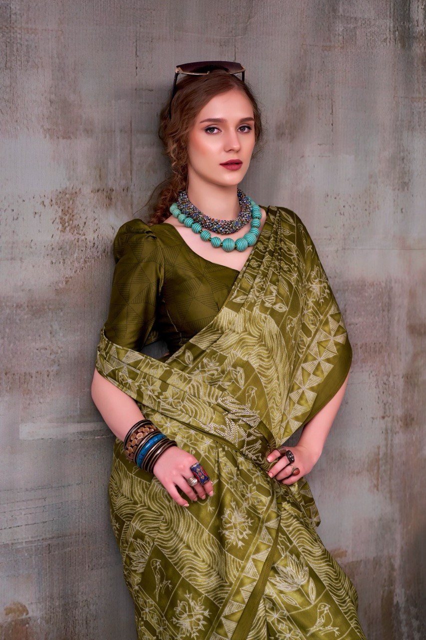 Olive Green Traditional Printed Satin Saree – Elegant Festive & Party Wear Designer Saree for Women