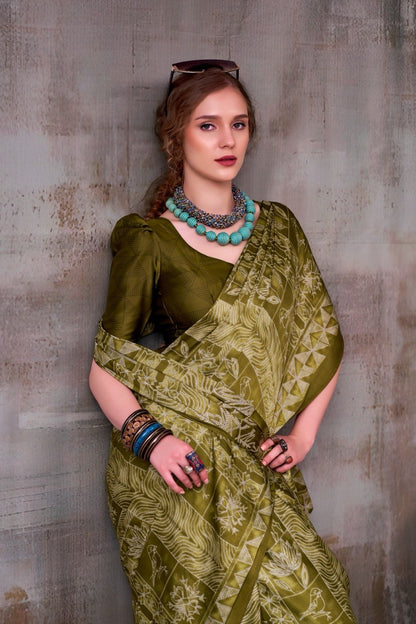 Olive Green Traditional Printed Satin Saree – Elegant Festive & Party Wear Designer Saree for Women