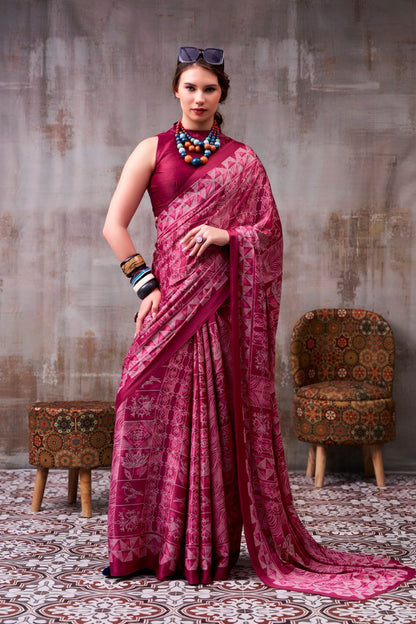Wine Pink Traditional Printed Satin Saree – Elegant Festive & Party Wear Designer Saree for Women