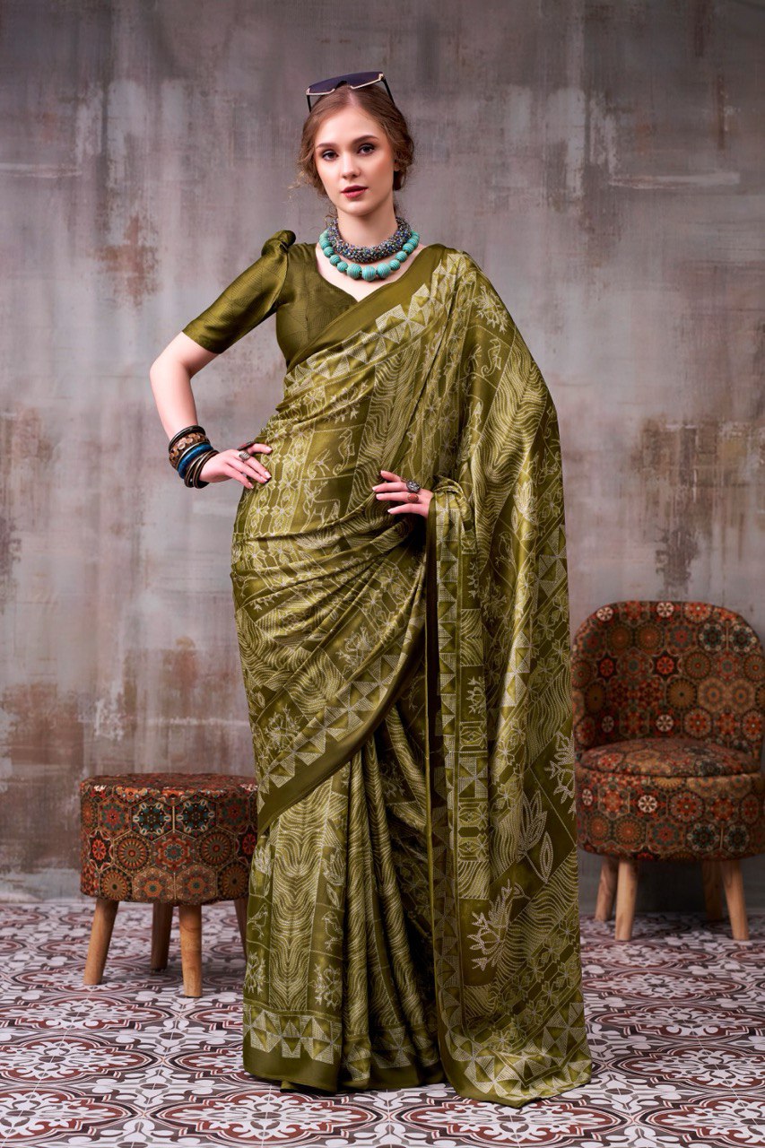 Olive Green Traditional Printed Satin Saree – Elegant Festive & Party Wear Designer Saree for Women