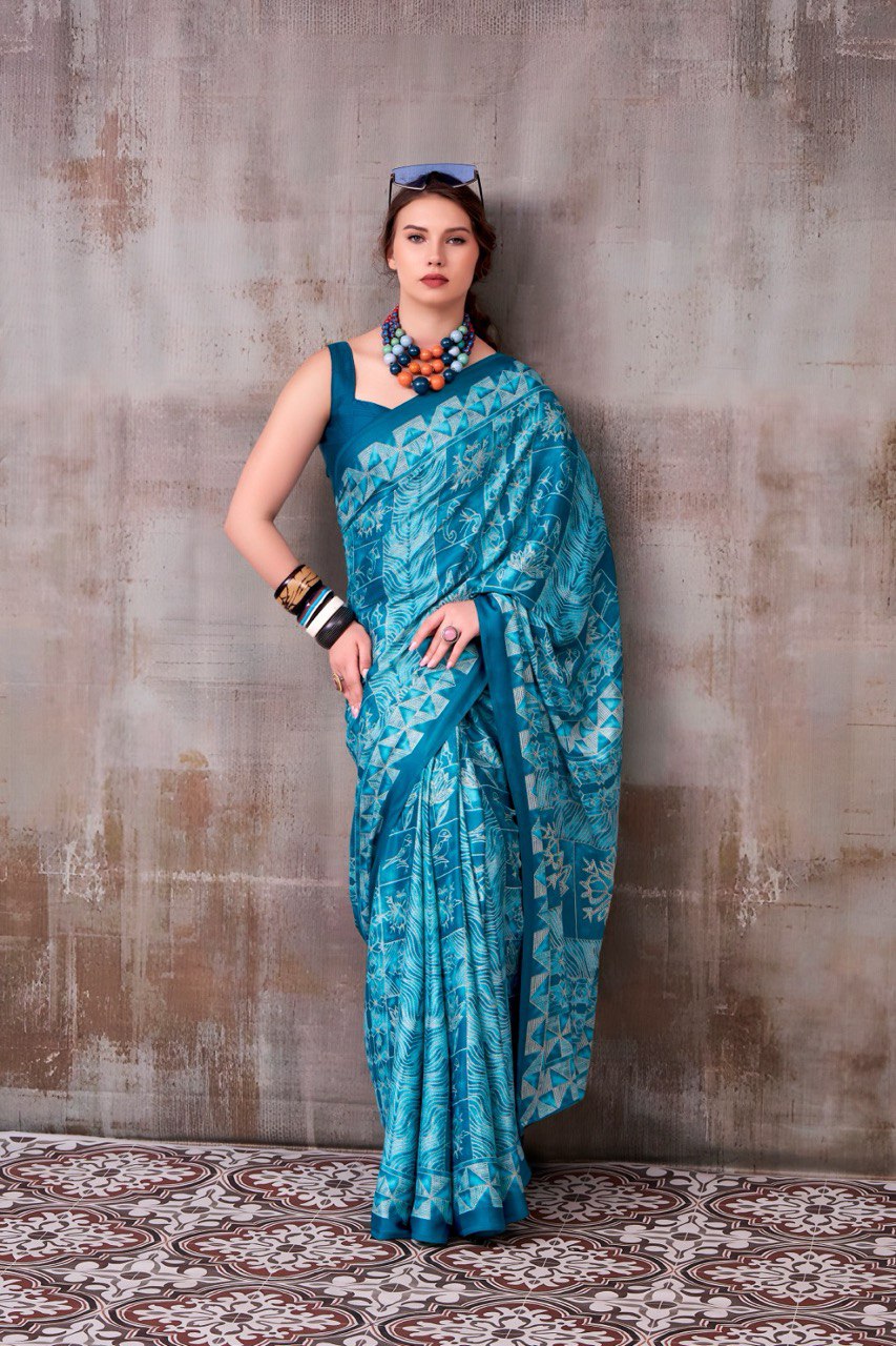 Teal Blue Traditional Printed Satin Saree – Elegant Festive & Party Wear Designer Saree for Women