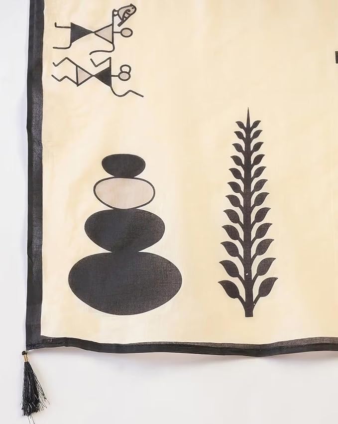 Cream White Linen Cotton Saree with Tribal Art Print