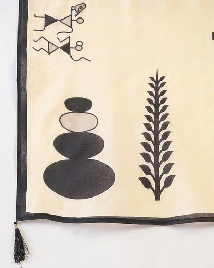 Cream White Linen Cotton Saree with Tribal Art Print