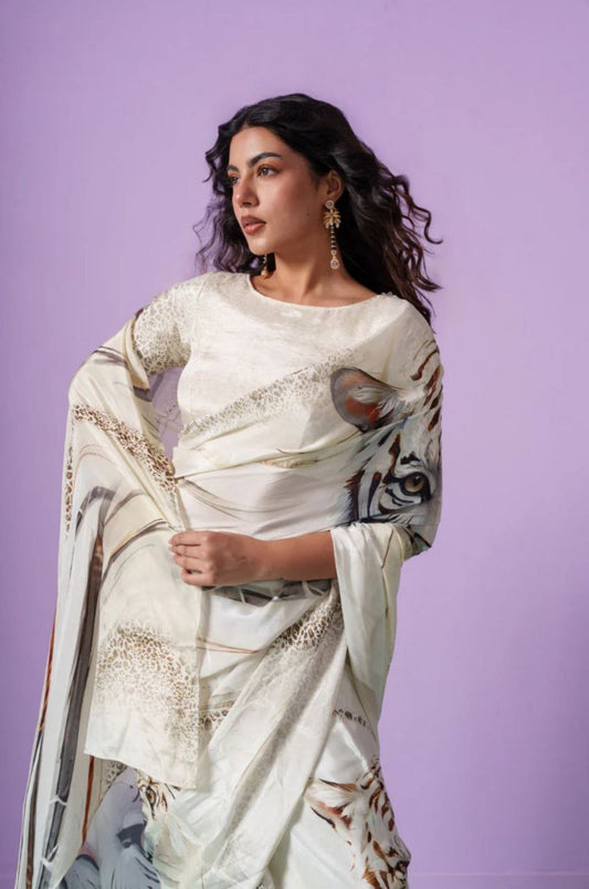 Ivory Majesty Tiger Print Satin Saree – Luxury Designer Statement Party Wear Saree for Women