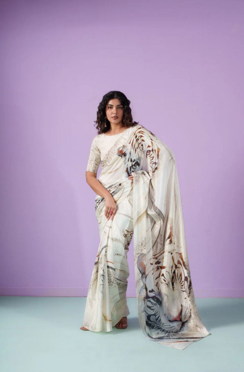 Ivory Majesty Tiger Print Satin Saree – Luxury Designer Statement Party Wear Saree for Women