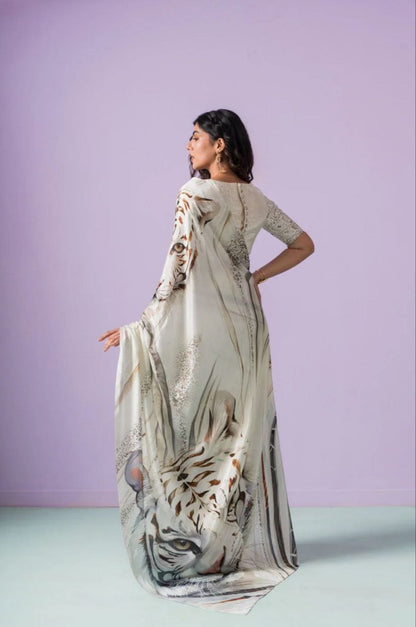 Ivory Majesty Tiger Print Satin Saree – Luxury Designer Statement Party Wear Saree for Women