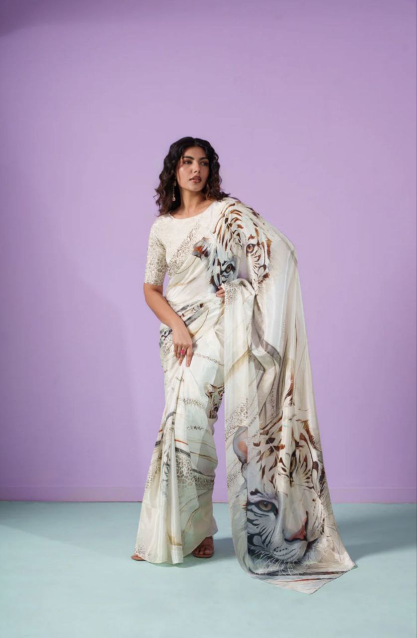 Ivory Majesty Tiger Print Satin Saree – Luxury Designer Statement Party Wear Saree for Women