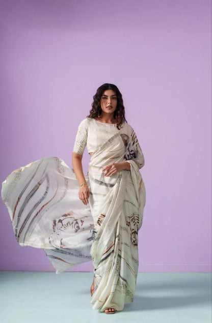 Ivory Majesty Tiger Print Satin Saree – Luxury Designer Statement Party Wear Saree for Women