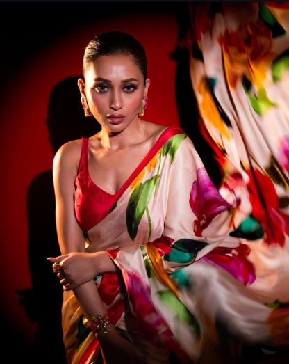 Beige Multicolor Floral Printed Saree with Red Blouse  Premium Designer Party Wear Saree for Women