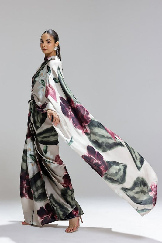 Ivory Satin Abstract Floral Designer Saree – Luxury Contemporary Party & Evening Wear Saree for Women