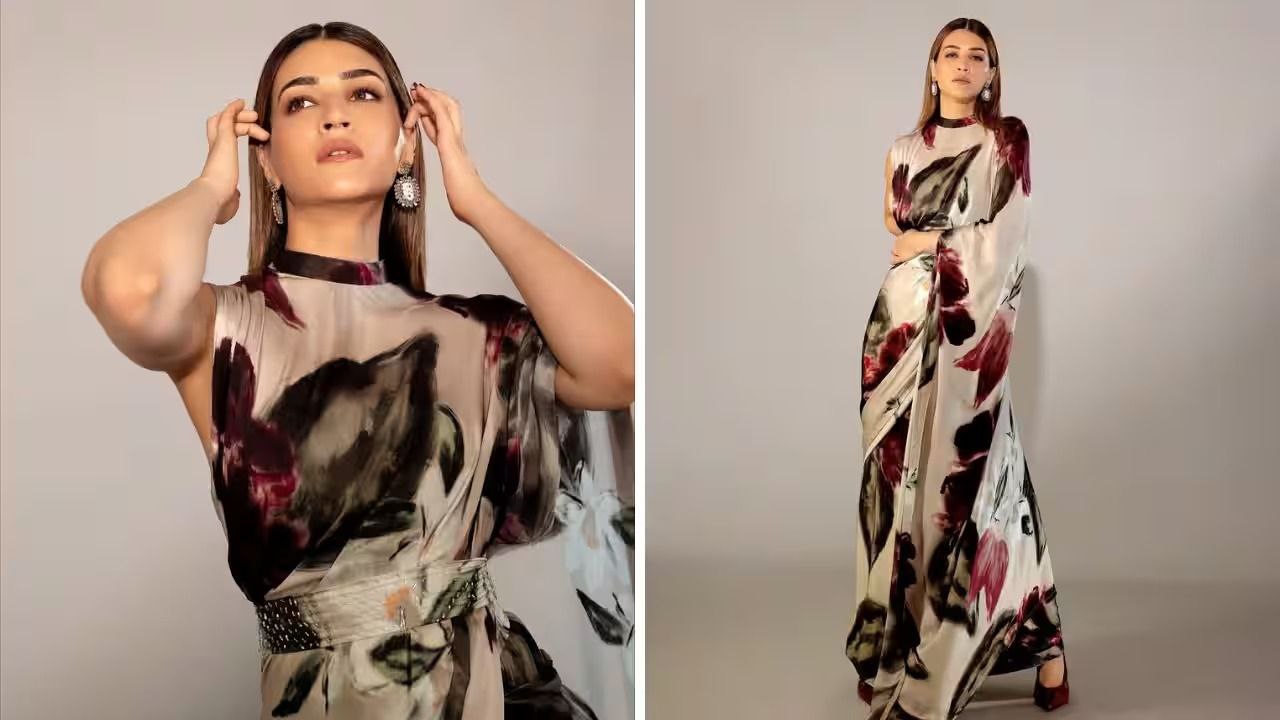 Ivory Satin Abstract Floral Designer Saree – Luxury Contemporary Party & Evening Wear Saree for Women