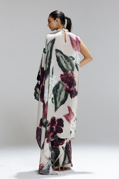 Ivory Satin Abstract Floral Designer Saree – Luxury Contemporary Party & Evening Wear Saree for Women
