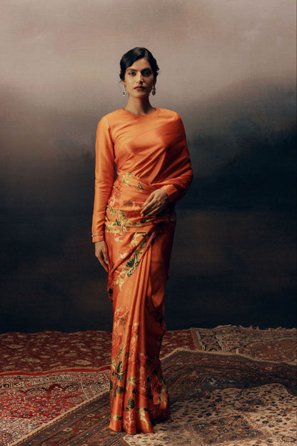 Sunset Amber Orange Satin Floral Saree – Elegant Designer Festive & Party Wear Saree for Women