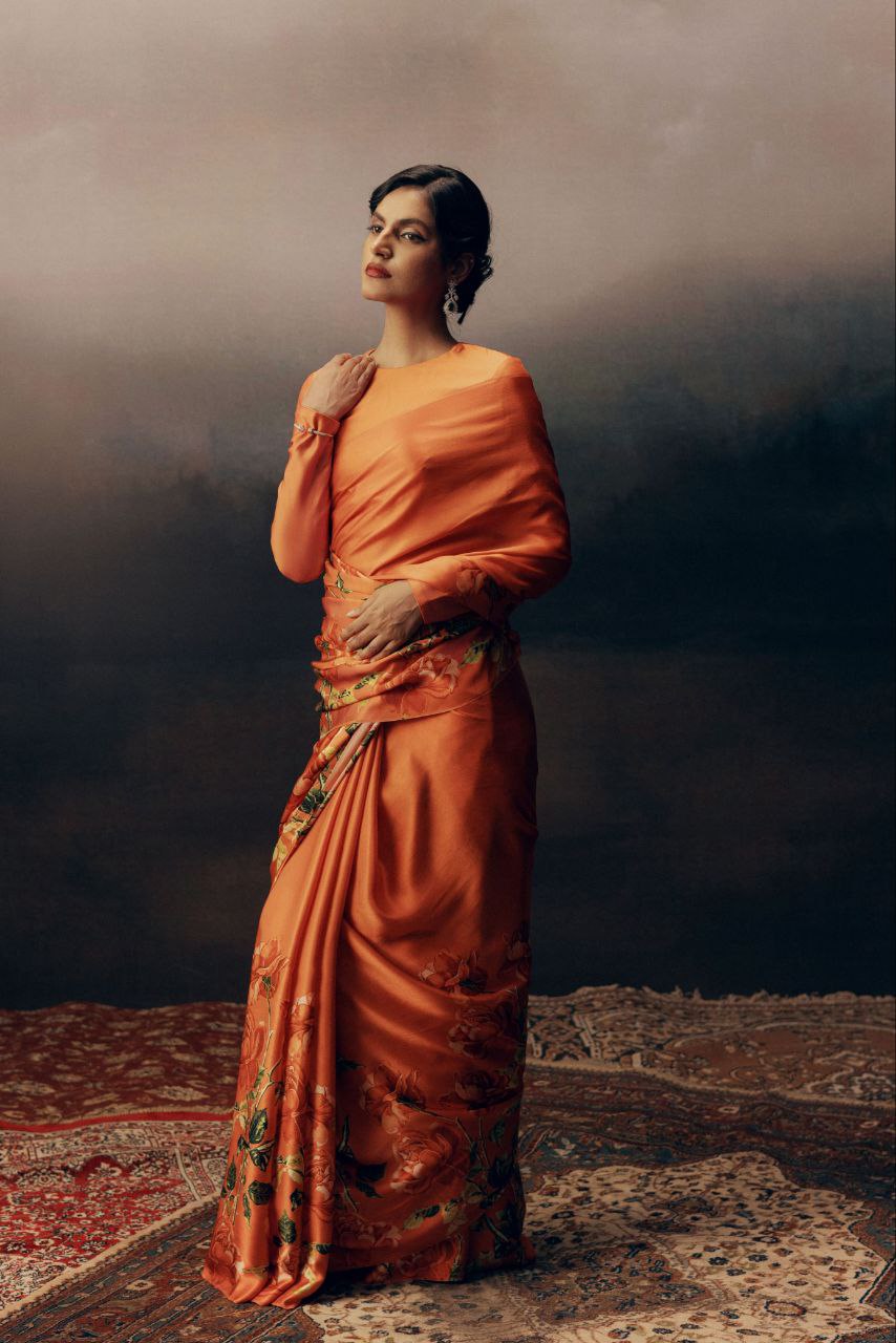 Sunset Amber Orange Satin Floral Saree – Elegant Designer Festive & Party Wear Saree for Women