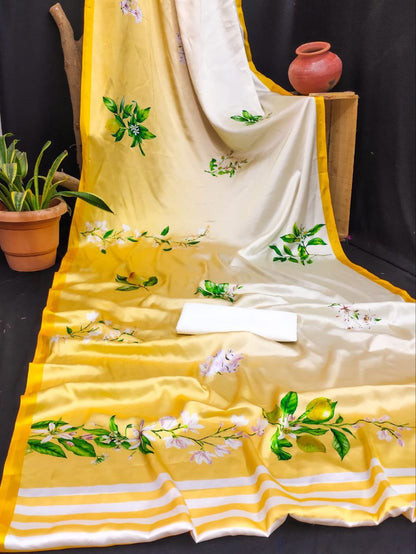 Soft Yellow Floral Printed Satin Saree  Elegant Lightweight Summer Wear Saree for Women