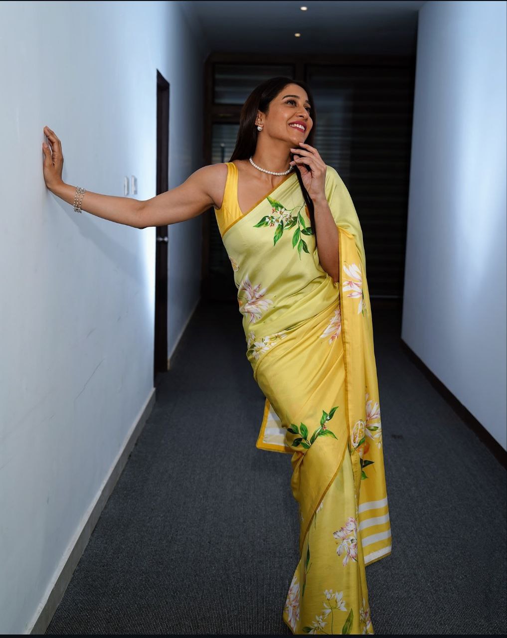 Soft Yellow Floral Printed Satin Saree  Elegant Lightweight Summer Wear Saree for Women