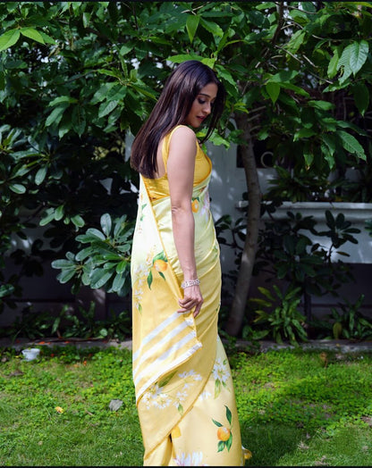Soft Yellow Floral Printed Satin Saree  Elegant Lightweight Summer Wear Saree for Women