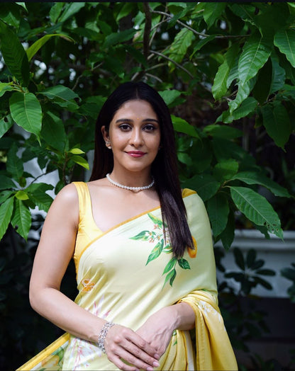 Soft Yellow Floral Printed Satin Saree  Elegant Lightweight Summer Wear Saree for Women